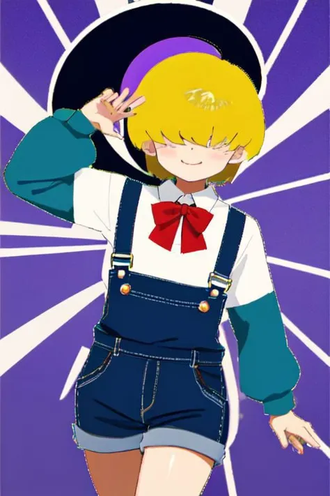 Porky Minch, Earthbound, Porky Bot, Pokey Bot, Mother 3, 1boy, chubby, fat, cute, chibi, red bowtie, blue overalls, white button up shirt. He has blonde hair covering his eyes, short hair, round chubby cheeks, very cute, chibi, digital clock tattoo 02 on neck or arm, colorful purple background