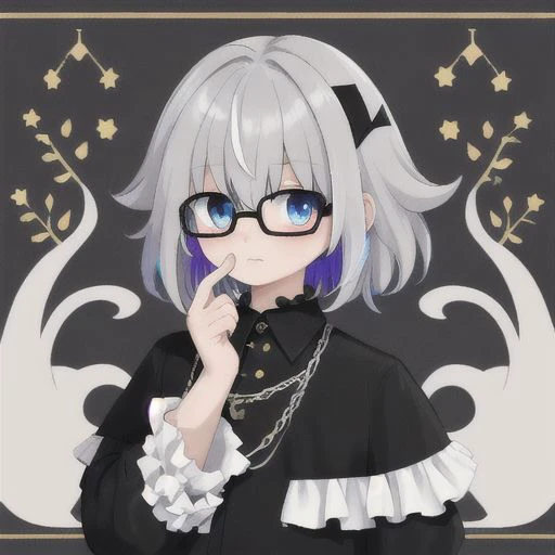 masterpiece, best quality, solo, 1other, androgynous, 1boy, heterochromia, 
 blue eyes, grey eyes, medium hair, black hair, bangs, hair between eyes, flipped hair, hair over eyes, multicolored eyes, colorful, frills, cute, petite, hair flaps, glasses, x hair ornament,