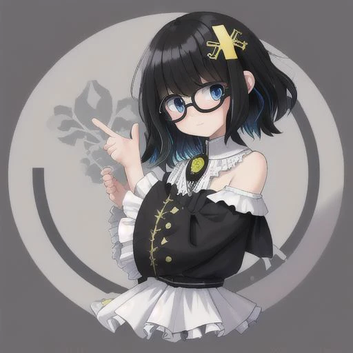 masterpiece, best quality, solo, 1other, androgynous, 1boy, heterochromia, 
 blue eyes, grey eyes, medium hair, black hair, bangs, hair between eyes, flipped hair, hair over eyes, multicolored eyes, colorful, frills, cute, petite, hair flaps, glasses, x hair ornament, (sleveless:1.3), shy