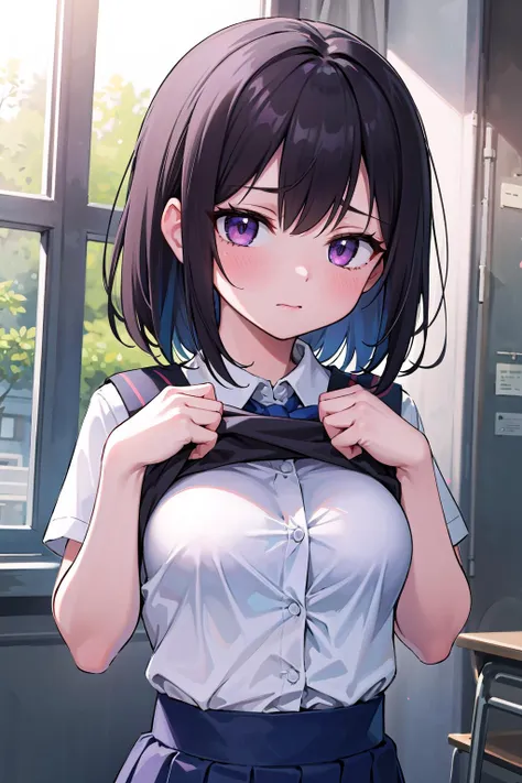 (Flying debris, Highest quality, High resolution, Ticker, Pixel Perfect, Depth of the written border, In 4K), 
1 Girl, alone, , Beautiful Anime Girls, 
View your audience, 
Perfect body,  
Kind Girlfriend Short Hair, Black Hair, Pink Eyes, 
(Masturbation:1.6)
smile,  Open your mouth, blush, 

JK Huge , White shirt, big , Blue Ribbon, 
classroom, 

throw, Close-up shot,