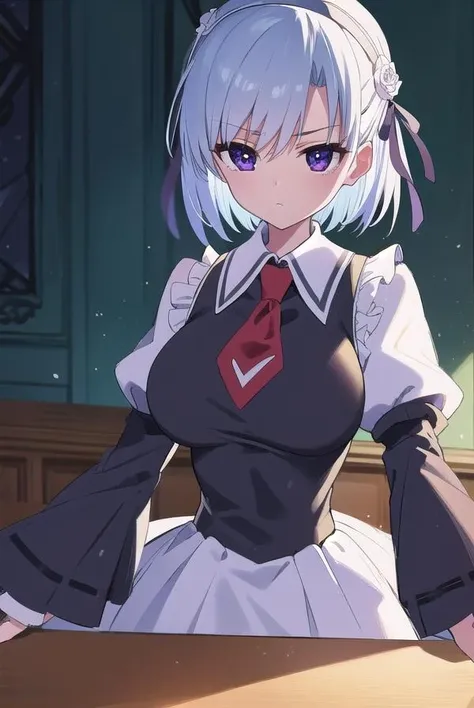 arsene, <lora:henriettemystere-lora-nochekaiser:1>,
henriette mystere, short hair, blue hair, (purple eyes:1.1),
BREAK dress, flower, hairband, necktie, black dress, school uniform, collar, juliet sleeves, long slleeves, frills, white skirt,
BREAK looking at viewer,
BREAK indoors, classroom,
BREAK <lyco:GoodHands-beta2:1>, (masterpiece:1.2), best quality, high resolution, unity 8k wallpaper, (illustration:0.8), (beautiful detailed eyes:1.6), extremely detailed face, perfect lighting, extremely detailed CG, (perfect hands, perfect anatomy),