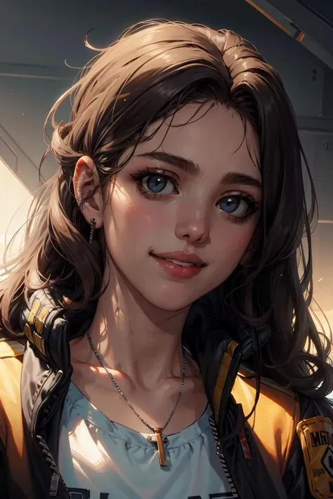 female facial focus, headshot, portrait, looking at viewer, smiling,
margaq, 1girl, long hair, lips, necklace, bomber jacket
realistic, volumetric lighting
<lora:Margaret_Qualley_v1:0.85>