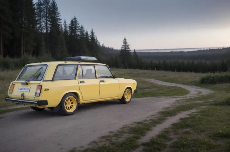 <lyco:VAZ2104:1.0>  yellow VAZ2104 car, Masterpiece, Best Quality, detailed, award-winning, racing on a coastal road, redwood forest, highly detailed, fine detail, intricate, insanely detailed, volumetric lighting, vivid colors, masterpiece, absurdres