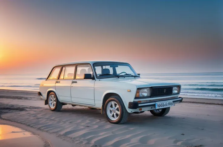 <lyco:VAZ2104:1.0>  VAZ2104 cabriolet car angled view parked on a beach, at sunset, warm light, global illumination, volumetric lighting, highly detailed, insanely detailed, absurdres, best quality