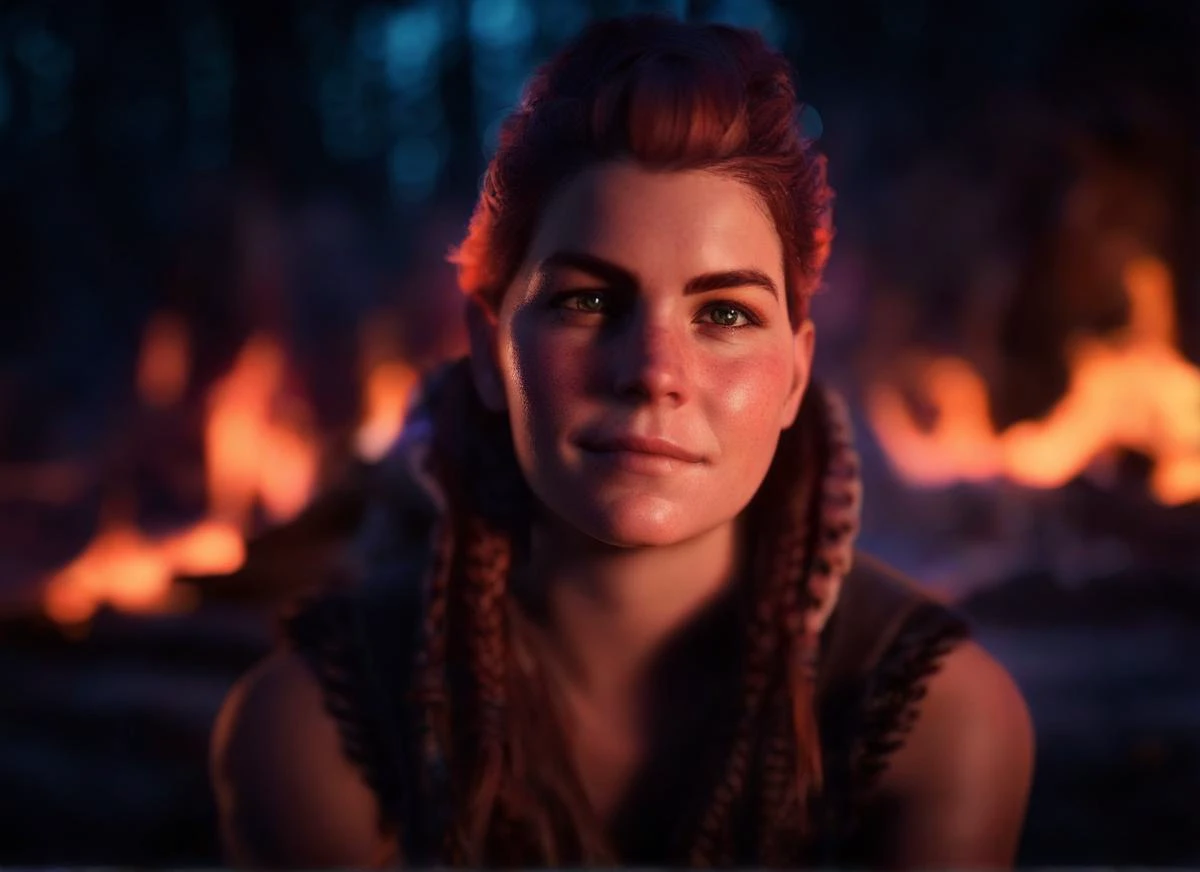 aloyhorizon woman portrait photo at campfire bokeh, glowing embers, night