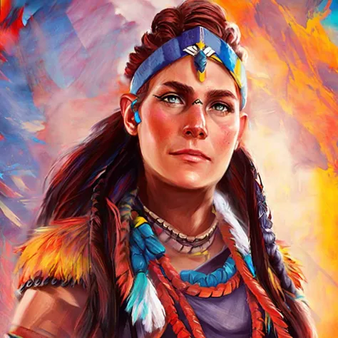 colorful painting of aloyhorizon woman wearing (feathers:0.6) and (braids:0.2)