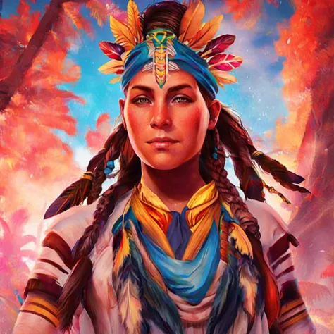 colorful painting of aloyhorizon woman wearing (feathers:0.6) and (braids:0.2)