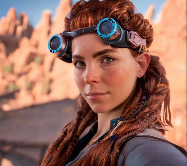 aloyhorizon woman wearing welding goggles, selfie, copper hair (hair braids:0.3)