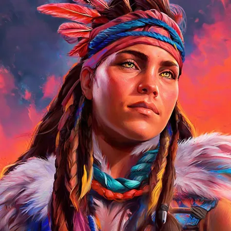 colorful painting of aloyhorizon woman wearing (feathers:0.6) and (braids:0.2)