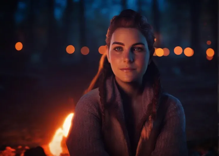 aloyhorizon woman portrait photo at campfire bokeh, glowing embers, night