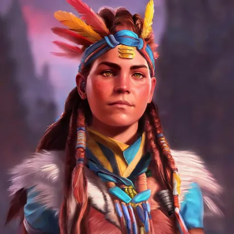 colorful painting of aloyhorizon woman wearing (feathers:0.6) and (braids:0.2)