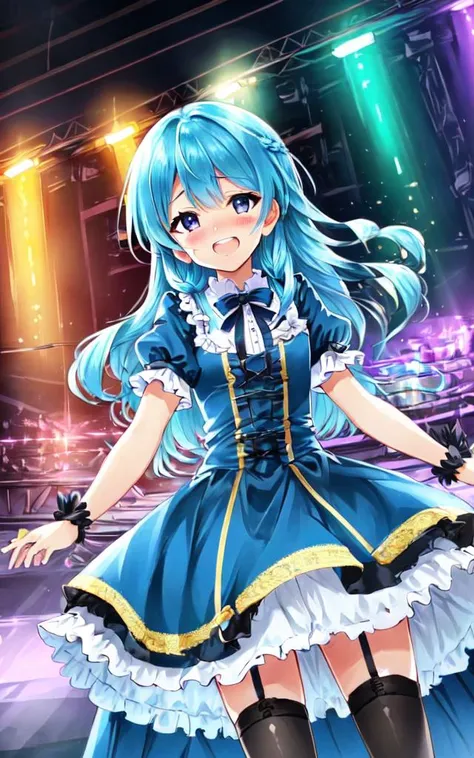 1girl :D <lora:_idoldress:0.7> idoldress, deep blue dress Frilled, +++ extremely quality, high detailed, anime coloring illustration game cg contrapposto <lora:_flat2:0.3:ALL> ++ Faint lips,UC:realistic cute anime face cinematic angle Girl at the front single focus dynamic pose, beautiful detailed lights, [rainbow thin lights], neon lights,(detailed multicolored lights),shine,audience,from the stage ,starly,, +++ 
black eyes, 
transparency iridescence hair, 
long hair , 
french braid, 
streaked hair , 
hair pulled back, 
sideburns , 
clenched teeth, 
embarrassed , 
head_tilt standing  
+++