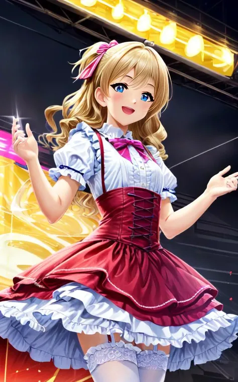 1girl :D <lora:_idoldress:0.7> idoldress, vivid vermilion dress Frilled, masterpiece