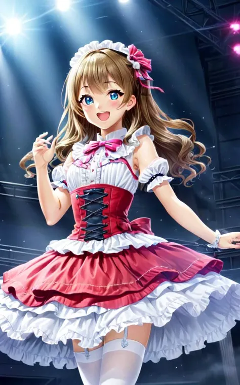 1girl :D <lora:_idoldress:0.7> idoldress, transparency vermilion dress Frilled, masterpiece
