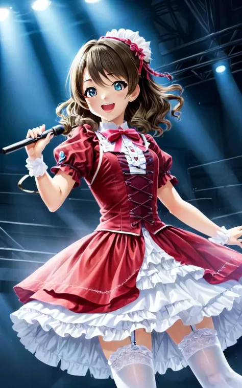 1girl :D <lora:_idoldress:0.7> idoldress, deep red dress Frilled, masterpiece