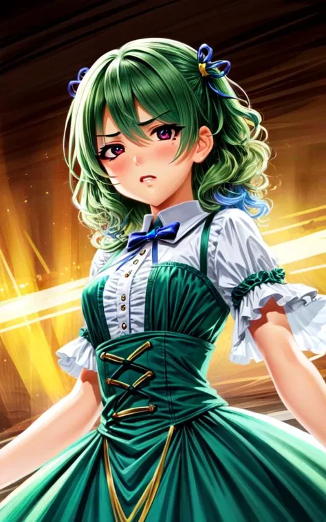 <lora:_idoldress:0.7:BIO> idoldress, clear green dress Frilled, +++ extremely quality extremely detailed deep-silky-healthy-lackwarm-foundational-soft-skin, illustration high resolution, contrapposto glow shine like opal, <lora:_flat2:-0.3:ALL> <lora:_hipoly3DModelLora_v20:0.3:NF> hiqcgbody ++ Faint lips,UC:realistic cute anime face cinematic angle Girl at the front dynamic pose, kawaii petite minor 1girl 13yo eyeliner skindantation (a mole under the right eye) medium breasts  (eyes visible through hair) +++, +++ 
multicolored eyes, 
clear green hair, 
medium hair , 
top not, 
wavy hair , 
one eye visible through hair, 
hair flaps , 
angry, 
, 
+++