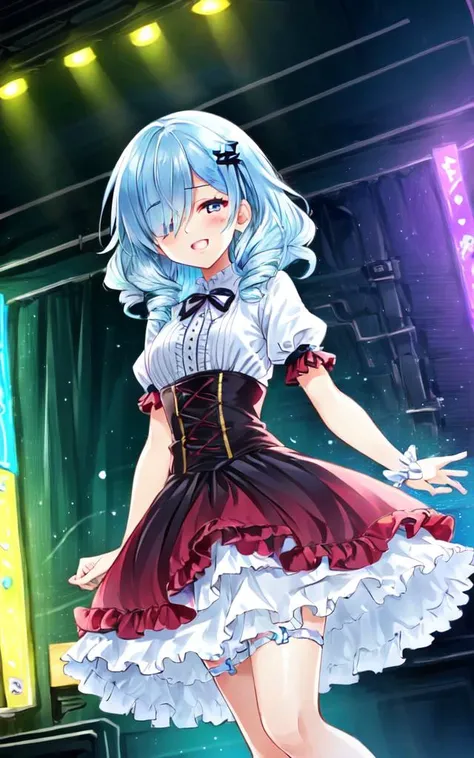 1girl :D <lora:_idoldress:0.7> idoldress, vivid burgundy dress Frilled, +++ extremely quality, high detailed, anime coloring illustration game cg contrapposto <lora:_flat2:0.3:ALL> ++ Faint lips,UC:realistic cute anime face cinematic angle Girl at the front single focus dynamic pose, beautiful detailed lights, [rainbow thin lights], neon lights,(detailed multicolored lights),shine,stage ,starly,, +++ 
gradient eyes, 
deep gray hair, 
medium hair , 
side braid, 
drill hair , 
one eye visible through hair, 
hair flaps , 
smirk, 
, 
head_tilt standing  
+++