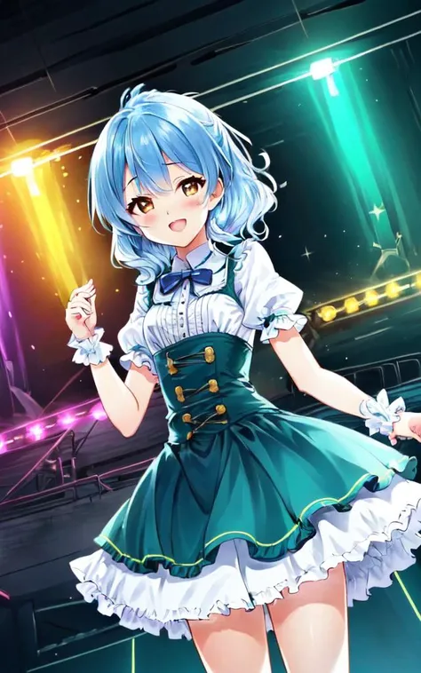 1girl :D <lora:_idoldress:0.7> idoldress, deep gradient dress Frilled, +++ extremely quality, high detailed, anime coloring illustration game cg contrapposto <lora:_flat2:0.3:ALL> ++ Faint lips,UC:realistic cute anime face cinematic angle Girl at the front single focus dynamic pose, beautiful detailed lights, [rainbow thin lights], neon lights,(detailed multicolored lights),shine,audience,from the stage POV ,starly,, +++ 
brown eyes, 
clear gray hair, 
medium hair , 
folded ponytail, 
wavy hair , 
diagonal bangs, 
hair flaps , 
;<, 
blush , 
head_tilt standing  
+++