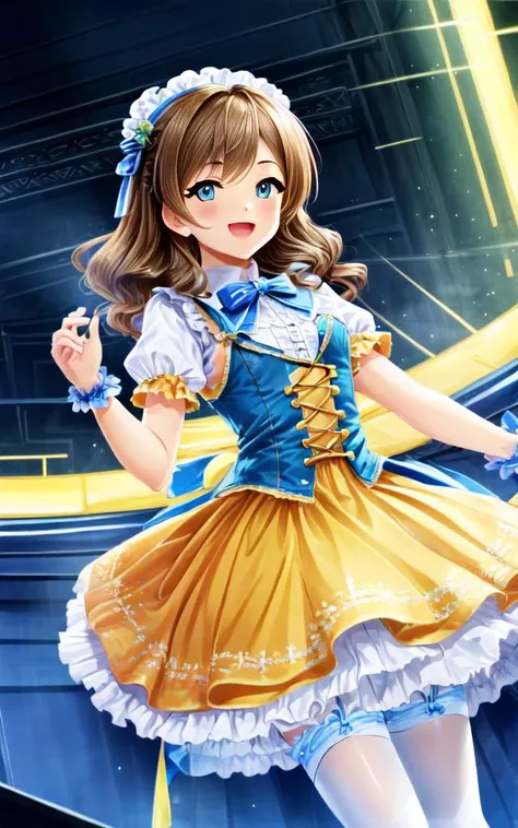 1girl :D <lora:_idoldress:0.7> idoldress, - orange dress Frilled, masterpiece