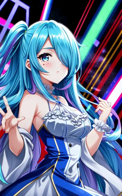 <lora:_idoldress:0.7:CN> idoldress, pale sky blue dress Frilled, +++ extremely quality extremely detailed deep-silky-healthy-lackwarm-foundational-soft-skin, illustration high resolution, contrapposto glow shine like opal, <lora:_flat2:-0.3:ALL> <lora:_hipoly3DModelLora_v20:0.3:NF> hiqcgbody ++ Faint lips,UC:realistic cute anime face cinematic angle Girl at the front dynamic pose, beautiful detailed lights, [rainbow thin lights], neon lights,(detailed multicolored lights),shine,stage ,starly,, kawaii ite minor 1girl 13yeyeliner skindantation (a mole under the right eye) large breasts  (eyes visible through hair) +++