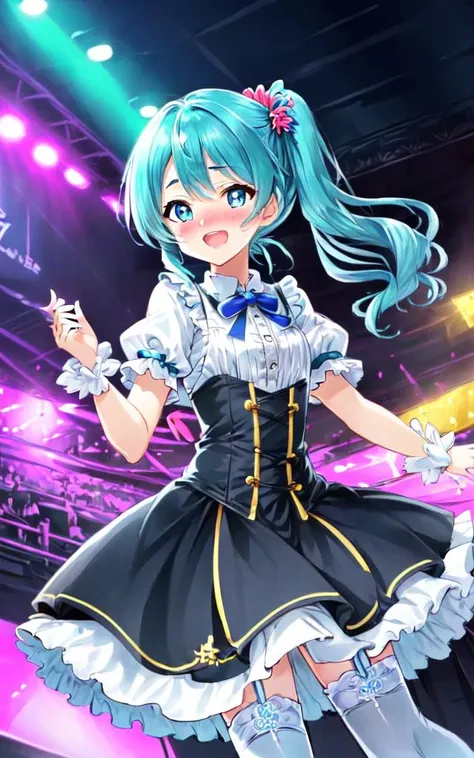 1girl :D <lora:_idoldress:0.7> idoldress, clear hazel dress Frilled, +++ extremely quality, high detailed, anime coloring illustration game cg contrapposto <lora:_flat2:0.3:ALL> ++ Faint lips,UC:realistic cute anime face cinematic angle Girl at the front single focus dynamic pose, beautiful detailed lights, [rainbow thin lights], neon lights,(detailed multicolored lights),shine,audience,from the stage POV ,starly,, +++ 
amber eyes, 
dark gray hair, 
long hair , 
side ponytail, 
wavy hair , 
diagonal bangs, 
hair flaps , 
;<, 
nose blush , 
+++
