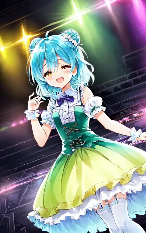 1girl :D <lora:_idoldress:0.7> idoldress, pale yellow dress Frilled, +++ extremely quality, high detailed, anime coloring illustration game cg contrapposto <lora:_flat2:0.3:ALL> ++ Faint lips,UC:realistic cute anime face cinematic angle Girl at the front single focus dynamic pose, beautiful detailed lights, [rainbow thin lights], neon lights,(detailed multicolored lights),shine,audience,from the stage ,starly,, +++ 
yellow eyes, 
clear purple hair, 
medium hair , 
braided bun, 
streaked hair , 
one eye visible through hair, 
hair flaps , 
closed eyes smile:1.2, 
, 
+++