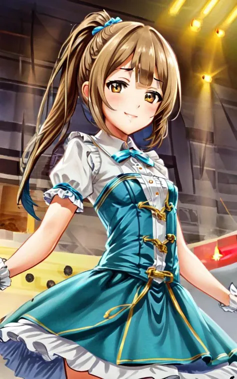 <lora:_idoldress:0.7:BIO> idoldress, dark turquoise dress Frilled 
<lora:tkdl_midori:0.7:NP> tachikawa midori 1girl 14years old petite kawaii minor light brown eyes light brown hair highponytail twinponytail long hair shiny hair sidelock:1.3 short bang (symmetrical bangs):1.3 smile wink small breasts skindantation, beautiful detailed lights, [rainbow thin lights], neon lights,(detailed multicolored lights),shine,stage ,starly,, +++ extremely quality extremely detailed deep-silky-healthy-lackwarm-foundational-soft-skin, illustration high resolution, contrapposto glow shine like opal, <lora:_flat2:-0.3:ALL> <lora:_hipoly3DModelLora_v20:0.3:NF> hiqcgbody ++ Faint lips,UC:realistic cute anime face cinematic angle Girl at the front dynamic pose, ((jumping floating hair)) head up hands aerial