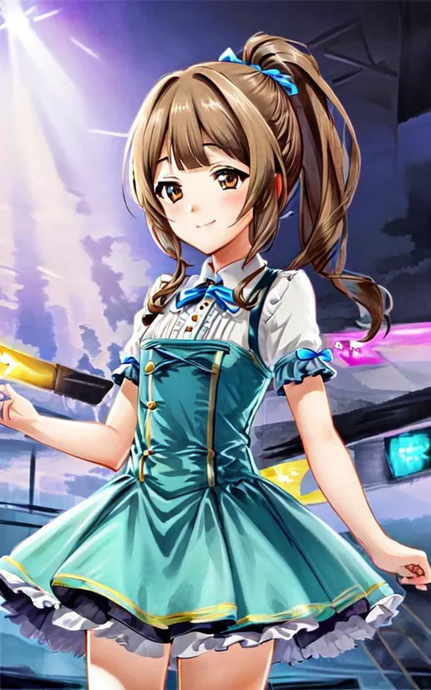 <lora:_idoldress:0.7:BIO> idoldress, bright burgundy dress Frilled 
<lora:tkdl_midori:0.7:NP> tachikawa midori 1girl 14years old petite kawaii minor light brown eyes light brown hair highponytail twinponytail long hair shiny hair sidelock:1.3 short bang (symmetrical bangs):1.3 kind smile small breasts skindantation, beautiful detailed lights, [rainbow thin lights], neon lights,(detailed multicolored lights),shine,audience,from the stage ,starly,, object hug , +++ extremely quality extremely detailed deep-silky-healthy-lackwarm-foundational-soft-skin, illustration high resolution, contrapposto glow shine like opal, <lora:_flat2:-0.3:ALL> <lora:_hipoly3DModelLora_v20:0.3:NF> hiqcgbody ++ Faint lips,UC:realistic cute anime face cinematic angle Girl at the front dynamic pose