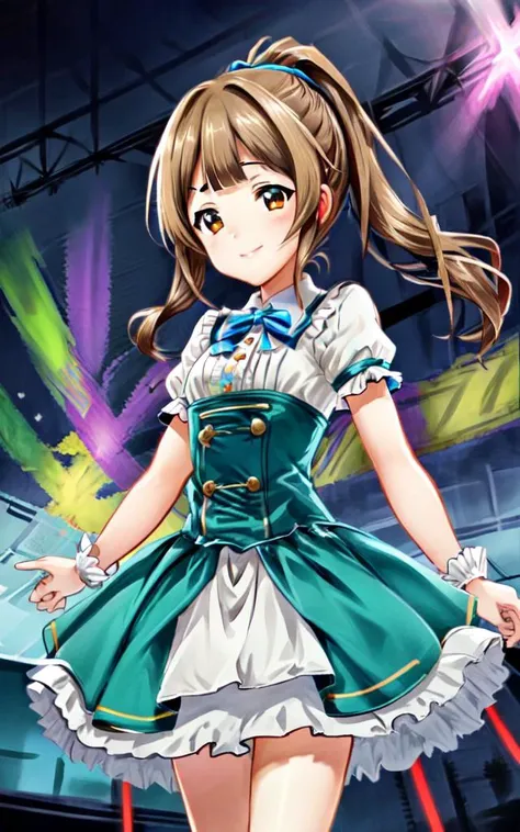 <lora:_idoldress:0.7:BIO> idoldress, light green dress Frilled 
<lora:tkdl_midori:0.7:NP> tachikawa midori 1girl 14years old petite kawaii minor light brown eyes light brown hair highponytail twinponytail long hair shiny hair sidelock:1.3 short bang (symmetrical bangs):1.3 kind smile small breasts skindantation, beautiful detailed lights, [rainbow thin lights], neon lights,(detailed multicolored lights),shine,audience,from the stage POV ,starly,, index finger raised , +++ extremely quality extremely detailed deep-silky-healthy-lackwarm-foundational-soft-skin, illustration high resolution, contrapposto glow shine like opal, <lora:_flat2:-0.3:ALL> <lora:_hipoly3DModelLora_v20:0.3:NF> hiqcgbody ++ Faint lips,UC:realistic cute anime face cinematic angle Girl at the front dynamic pose