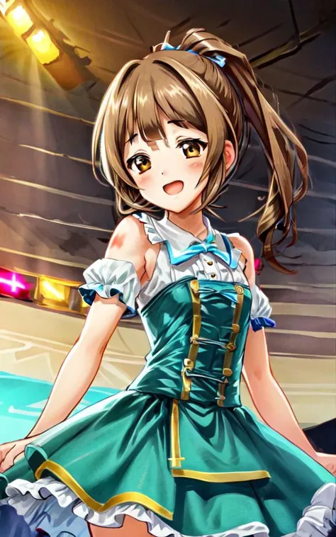 <lora:_idoldress:0.7:BIO> idoldress, dark coral dress Frilled 
<lora:tkdl_midori:0.7:NP> tachikawa midori 1girl ars old petite kawaii minor light brown eyes light brown hair highponytail twinponytail long hair shiny hair sidelock:1.3 short bang (symmetrical bangs):1.3 smile open mouth small breasts skindantation, beautiful detailed lights, [rainbow thin lights], neon lights,(detailed multicolored lights),shine,stage ,starly,, index finger raised , +++ extremely quality extremely detailed deep-silky-healthy-lackwarm-foundational-soft-skin, illustration high resolution, contrapposto glow shine like opal, <lora:_flat2:-0.3:ALL> <lora:_hipoly3DModelLora_v20:0.3:NF> hiqcgbody ++ Faint lips,UC:realistic cute anime face cinematic angle Girl at the front dynamic pose