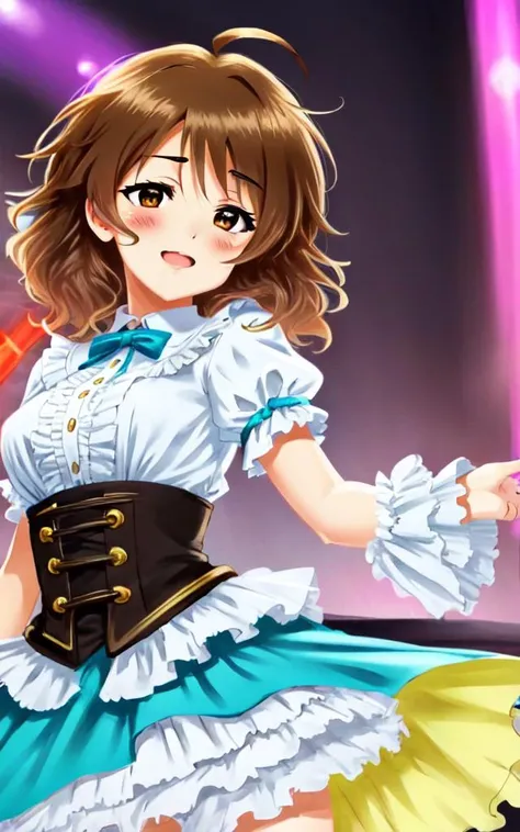 <lora:_idoldress:0.7:BIO> idoldress, vivid turquoise dress Frilled <lora:arahina:0.4:NP> arahina cute kawaii 1girl ((jitom)) brown eyes brown hair medium hair ((short hair)) ahoge tired hair messy hair big hair flipped hair hair messed up in one's sleep disheveled hair unkempt hair medium breasts +++ laughing gasping , beautiful detailed lights, [rainbow thin lights], neon lights,(detailed multicolored lights),shine,stage ,starly,, +++ extremely quality, high detailed, anime coloring illustration game cg contrapposto <lora:_flat2:0.3:ALL> ++ Faint lips,UC:realistic cute anime face cinematic angle Girl at the front single focus dynamic pose