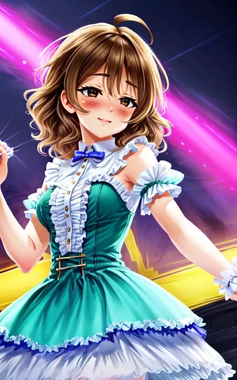 <lora:_idoldress:0.7:BIO> idoldress, transparency purple dress Frilled <lora:arahina:0.4:NP> arahina cute kawaii 1girl ((jitom)) brown eyes brown hair medium hair ((short hair)) ahoge tired hair messy hair big hair flipped hair hair messed up in one's sleep disheveled hair unkempt hair medium breasts +++ smile , beautiful detailed lights, [rainbow thin lights], neon lights,(detailed multicolored lights),shine,audience,from the stage POV ,starly,, +++ extremely quality extremely detailed deep-silky-healthy-lackwarm-foundational-soft-skin, illustration high resolution, contrapposto glow shine like opal, <lora:_flat2:-0.3:ALL> <lora:_hipoly3DModelLora_v20:0.3:NF> hiqcgbody ++ Faint lips,UC:realistic cute anime face cinematic angle Girl at the front dynamic pose, ((heart hands)) happy (nose blush:1.2)