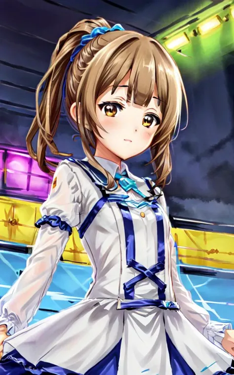 <lora:_idoldress:0.7:BIO> idoldress, transparency amber dress Frilled 
<lora:tkdl_midori:0.7:NP> tachikawa midori 1girl 14years old petite kawaii minor light brown eyes light brown hair highponytail twinponytail long hair shiny hair sidelock:1.3 short bang (symmetrical bangs):1.3 whiskers small breasts skindantation, beautiful detailed lights, [rainbow thin lights], neon lights,(detailed multicolored lights),shine,stage ,starly,, thumbs up , +++ extremely quality extremely detailed deep-silky-healthy-lackwarm-foundational-soft-skin, illustration high resolution, contrapposto glow shine like opal, <lora:_flat2:-0.3:ALL> <lora:_hipoly3DModelLora_v20:0.3:NF> hiqcgbody ++ Faint lips,UC:realistic cute anime face cinematic angle Girl at the front dynamic pose