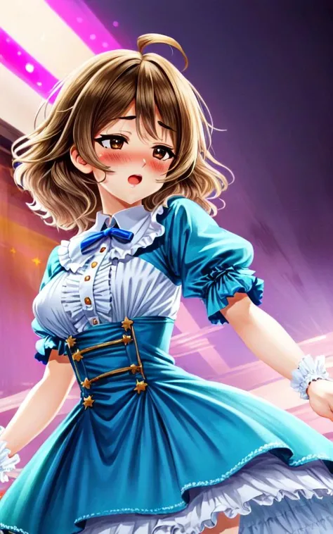 <lora:_idoldress:0.7:BIO> idoldress, pale indigo dress Frilled <lora:arahina:0.4:NP> arahina cute kawaii 1girl ((jitom)) brown eyes brown hair medium hair ((short hair)) ahoge tired hair messy hair big hair flipped hair hair messed up in one's sleep disheveled hair unkempt hair medium breasts +++ :o , beautiful detailed lights, [rainbow thin lights], neon lights,(detailed multicolored lights),shine,stage ,starly,, +++ extremely quality extremely detailed deep-silky-healthy-lackwarm-foundational-soft-skin, illustration high resolution, contrapposto glow shine like opal, <lora:_flat2:-0.3:ALL> <lora:_hipoly3DModelLora_v20:0.3:NF> hiqcgbody ++ Faint lips,UC:realistic cute anime face cinematic angle Girl at the front dynamic pose, ((heart hands)) happy (nose blush:1.2)