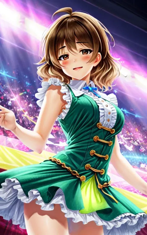 <lora:_idoldress:0.7:BIO> idoldress, light starry print dress Frilled <lora:arahina:0.4:NP> arahina cute kawaii 1girl ((jitom)) brown eyes brown hair medium hair ((short hair)) ahoge tired hair messy hair big hair flipped hair hair messed up in one's sleep disheveled hair unkempt hair medium breasts +++ laughing gasping , beautiful detailed lights, [rainbow thin lights], neon lights,(detailed multicolored lights),shine,audience,from the stage POV ,starly,, +++ extremely quality extremely detailed deep-silky-healthy-lackwarm-foundational-soft-skin, illustration high resolution, contrapposto glow shine like opal, <lora:_flat2:-0.3:ALL> <lora:_hipoly3DModelLora_v20:0.3:NF> hiqcgbody ++ Faint lips,UC:realistic cute anime face cinematic angle Girl at the front dynamic pose, holding hair