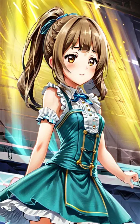 <lora:_idoldress:0.7:BIO> idoldress, vivid blue dress Frilled 
<lora:tkdl_midori:0.7:NP> tachikawa midori 1girl 14years old petite kawaii minor light brown eyes light brown hair highponytail twinponytail long hair shiny hair sidelock:1.3 short bang (symmetrical bangs):1.3 :> small breasts skindantation, beautiful detailed lights, [rainbow thin lights], neon lights,(detailed multicolored lights),shine,audience,from the stage ,starly,, object hug , +++ extremely quality extremely detailed deep-silky-healthy-lackwarm-foundational-soft-skin, illustration high resolution, contrapposto glow shine like opal, <lora:_flat2:-0.3:ALL> <lora:_hipoly3DModelLora_v20:0.3:NF> hiqcgbody ++ Faint lips,UC:realistic cute anime face cinematic angle Girl at the front dynamic pose