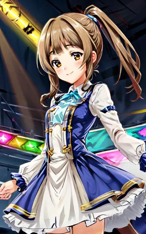 <lora:_idoldress:0.7:BIO> idoldress, clear red dress Frilled 
<lora:tkdl_midori:0.7:NP> tachikawa midori 1girl ars old petite kawaii minor light brown eyes light brown hair highponytail twinponytail long hair shiny hair sidelock:1.3 short bang (symmetrical bangs):1.3 smile  small breasts skindantation, beautiful detailed lights, [rainbow thin lights], neon lights,(detailed multicolored lights),shine,stage ,starly,, +++ extremely quality extremely detailed deep-silky-healthy-lackwarm-foundational-soft-skin, illustration high resolution, contrapposto glow shine like opal, <lora:_flat2:-0.3:ALL> <lora:_hipoly3DModelLora_v20:0.3:NF> hiqcgbody ++ Faint lips,UC:realistic cute anime face cinematic angle Girl at the front dynamic pose, <lora:usoJump_v10:0.5:CT> vjump jumping floating hair