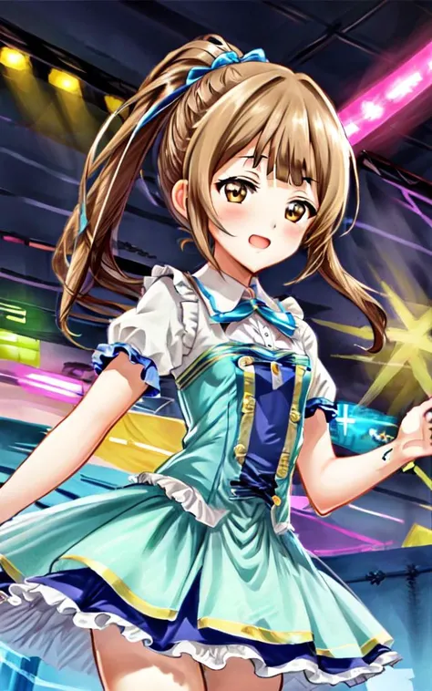 <lora:_idoldress:0.7:BIO> idoldress, pale hazel dress Frilled 
<lora:tkdl_midori:0.7:NP> tachikawa midori 1girl 14years old petite kawaii minor light brown eyes light brown hair highponytail twinponytail long hair shiny hair sidelock:1.3 short bang (symmetrical bangs):1.3 smile open mouth small breasts skindantation, beautiful detailed lights, [rainbow thin lights], neon lights,(detailed multicolored lights),shine,audience,from the stage POV ,starly,, index finger raised , +++ extremely quality extremely detailed deep-silky-healthy-lackwarm-foundational-soft-skin, illustration high resolution, contrapposto glow shine like opal, <lora:_flat2:-0.3:ALL> <lora:_hipoly3DModelLora_v20:0.3:NF> hiqcgbody ++ Faint lips,UC:realistic cute anime face cinematic angle Girl at the front dynamic pose
