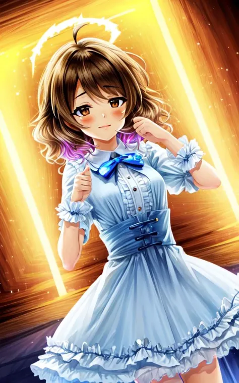 <lora:_idoldress:0.7:BIO> idoldress, pale silver dress Frilled <lora:arahina:0.4:NP> arahina cute kawaii 1girl ((jitom)) brown eyes brown hair medium hair ((short hair)) ahoge tired hair messy hair big hair flipped hair hair messed up in one's sleep disheveled hair unkempt hair medium breasts +++ smile , beautiful detailed lights, [rainbow thin lights], neon lights,(detailed multicolored lights),shine,audience,from the stage POV ,starly,, +++ extremely quality extremely detailed deep-silky-healthy-lackwarm-foundational-soft-skin, illustration high resolution, contrapposto glow shine like opal, <lora:_flat2:-0.3:ALL> <lora:_hipoly3DModelLora_v20:0.3:NF> hiqcgbody ++ Faint lips,UC:realistic cute anime face cinematic angle Girl at the front dynamic pose, thumbs up