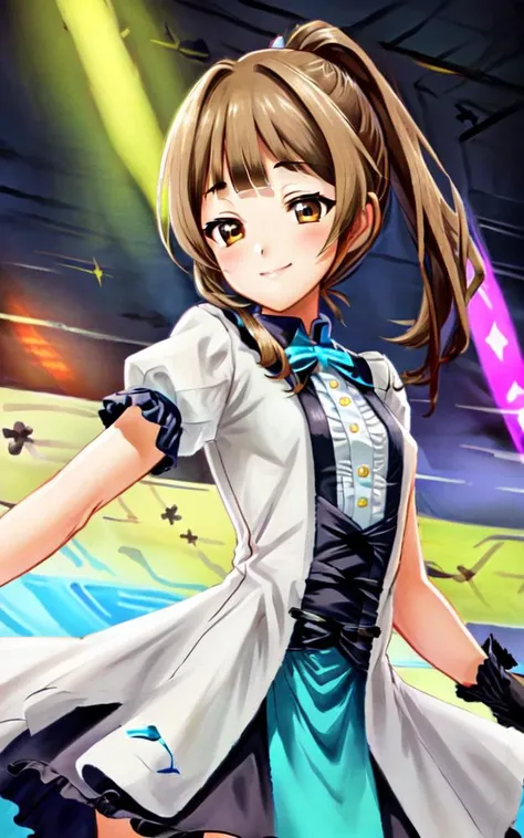 <lora:_idoldress:0.7:BIO> idoldress, - black dress Frilled 
<lora:tkdl_midori:0.7:NP> tachikawa midori 1girl 14years old petite kawaii minor light brown eyes light brown hair highponytail twinponytail long hair shiny hair sidelock:1.3 short bang (symmetrical bangs):1.3 smile wink small breasts skindantation, beautiful detailed lights, [rainbow thin lights], neon lights,(detailed multicolored lights),shine,stage ,starly,, +++ extremely quality extremely detailed deep-silky-healthy-lackwarm-foundational-soft-skin, illustration high resolution, contrapposto glow shine like opal, <lora:_flat2:-0.3:ALL> <lora:_hipoly3DModelLora_v20:0.3:NF> hiqcgbody ++ Faint lips,UC:realistic cute anime face cinematic angle Girl at the front dynamic pose, <lora:usoJump_v10:0.5:CT> vjump jumping floating hair