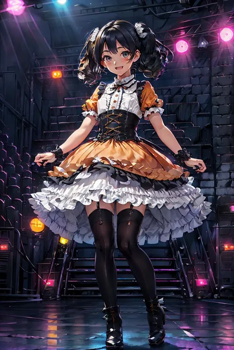 realistic, photorealistic, masterpiece, best quality, idoldress, - orange dress Frilled, knee boots, 1girl, solo, slim, :D , twintails, full body, looking at viewer, long black hair, twintails, standing on stage, stage lighting, stage spotlight, detailed background, audience, <lora:_idoldress:0.7>