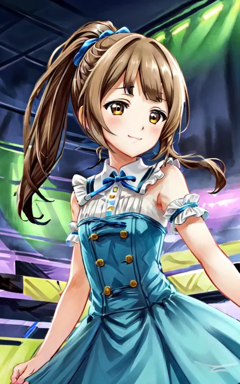 <lora:_idoldress:0.7:BIO> idoldress, clear blue dress Frilled 
<lora:tkdl_midori:0.7:NP> tachikawa midori 1girl 14years old petite kawaii minor light brown eyes light brown hair highponytail twinponytail long hair shiny hair sidelock:1.3 short bang (symmetrical bangs):1.3 smile  small breasts skindantation, beautiful detailed lights, [rainbow thin lights], neon lights,(detailed multicolored lights),shine,audience,from the stage ,starly,, object hug , +++ extremely quality extremely detailed deep-silky-healthy-lackwarm-foundational-soft-skin, illustration high resolution, contrapposto glow shine like opal, <lora:_flat2:-0.3:ALL> <lora:_hipoly3DModelLora_v20:0.3:NF> hiqcgbody ++ Faint lips,UC:realistic cute anime face cinematic angle Girl at the front dynamic pose