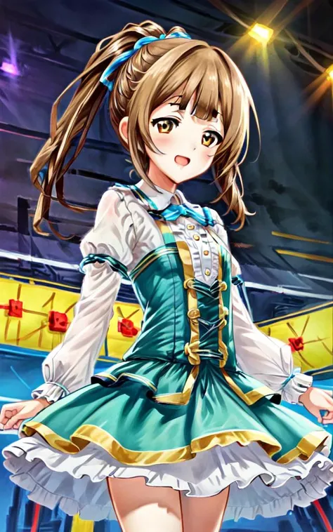 <lora:_idoldress:0.7:BIO> idoldress, clear yellow dress Frilled 
<lora:tkdl_midori:0.7:NP> tachikawa midori 1girl 14years old petite kawaii minor light brown eyes light brown hair highponytail twinponytail long hair shiny hair sidelock:1.3 short bang (symmetrical bangs):1.3 smile open mouth small breasts skindantation, beautiful detailed lights, [rainbow thin lights], neon lights,(detailed multicolored lights),shine,stage ,starly,, +++ extremely quality extremely detailed deep-silky-healthy-lackwarm-foundational-soft-skin, illustration high resolution, contrapposto glow shine like opal, <lora:_flat2:-0.3:ALL> <lora:_hipoly3DModelLora_v20:0.3:NF> hiqcgbody ++ Faint lips,UC:realistic cute anime face cinematic angle Girl at the front dynamic pose, <lora:usoJump_v10:0.5:CT> vjump jumping floating hair