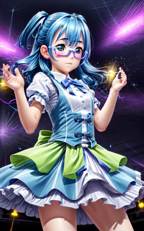 <lora:tkdl_noriko:0.8:NIN> kawaii hibino noriko, petite cute 1girl, blue hair, two side up, medium hair, bang, shiny hair sidelock, under-rim eyewear, blue eyes whiskers small breasts skindantation , <lora:_idoldress:0.7:BIO> idoldress, deep blue dress Frilled, (((Sparkling particles flying around Background Colorful strong lights Cheers Cheering))) multicolored hair red broken crystal flagments vivid color against glass, beautiful detailed lights, [rainbow thin lights], neon lights,(detailed multicolored lights),shine,audience,from the stage ,starly,, +++ extremely quality extremely detailed deep-silky-healthy-lackwarm-foundational-soft-skin high resolution, contrapposto glow shine like opal magnificent photo realistic ray trace depth of field <lora:_flat2:-0.4:ALL> <lora:_hipoly3DModelLora_v20:0.3:NF> hiqcgbody ++ Faint lips,UC:realistic, cinematic lighting cinematic angle Girl at the front dynamic pose