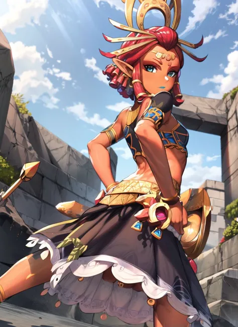 1girl,  looking at viewer, hands on hips,
riju, 1girl, solo, midriff, navel, crop top, red hair, short hair, dark skin, gerudo, blue lipstick, bare shoulders, black long skirt, hair ornament, bracelets, thigh, slit skirt, dark-skinned female, anklet, short hair, armor <lora:Riju2:1> <lora:add_detail:0.4> <lora:squeezer_:1> <lora:kimhentaisStyleV30_v30:0.6:OUT8>