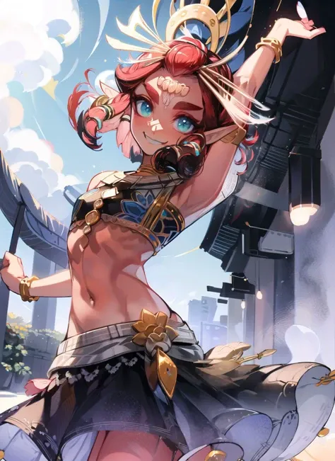 (small girl:1.3),  looking at viewer, natural pose, :), smile, cowboy shot, dancing,
riju, 1girl, solo, midriff, navel, crop top, red hair, short hair, dark skin, gerudo, bare shoulders, black long skirt, hair ornament, bracelets, thigh, slit skirt, dark-skinned female, anklet, short hair, armor <lora:Riju2:1> <lora:kaneni:1:OUT8> blue lips, <lora:animeStyleLoraWith_bfcsimplifierTest:-0.2:OUT10.8> <lora:add_detail:0.4>
in the desert,