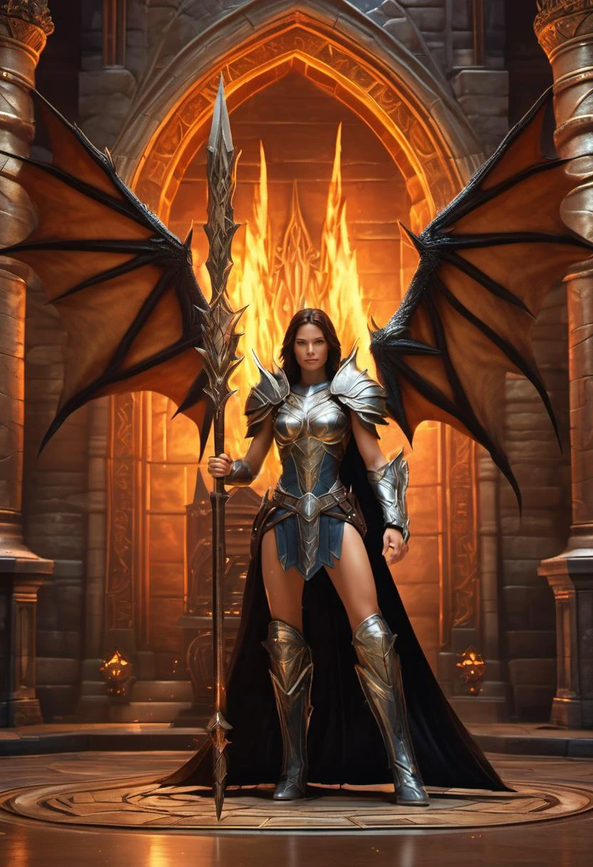 ethereal fantasy concept art of queen brunette with wings poses front of the throne in his gothic style castle and hanging magic fire sword, (one dragon is visible in the background), (((epic scene, diablo 3))), (((leather armor, fine detailed armor))), (((full body visible, brunette))), (((she is intimidating))), (((<lora:sdxl_cameltoe_V3:0.7>, cameltoe, large cameltoe, leather shorts, short shorts))), (((<lora:bustyfit:0.3>, bustyfit))), magnificent, celestial, ethereal, painterly, epic, majestic, magical, fantasy art, cover art, dreamy, detailed face, detailed skin, skin pores, pale skin, (ultra-detailed:1.1), extremely detailled:1.1, detailed background, intricate, masterpiece, beautiful natural lighting, ray tracing, ultra high quality, shallow depth of field, 8K UHD, hdr