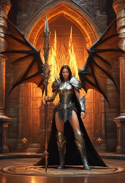 ethereal fantasy concept art of  queen brunette with wings  poses front of the throne in his gothic style castle and hanging magic fire sword, (one dragon is visible in the background), (((epic scene, diablo 3))), (((leather armor, fine detailed armor))), (((full body visible, brunette))), (((she is intimidating))),  (((<lora:sdxl_cameltoe_V3:0.7>, cameltoe, large cameltoe, leather shorts, short shorts))), (((<lora:bustyfit:0.3>, bustyfit))), magnificent, celestial, ethereal, painterly, epic, majestic, magical, fantasy art, cover art, dreamy, detailed face, detailed skin, skin pores, pale skin, (ultra-detailed:1.1), extremely detailled:1.1, detailed background,  intricate, masterpiece, beautiful natural lighting, ray tracing, ultra high quality, shallow depth of field, 8K UHD, hdr