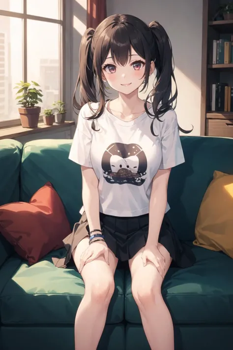 1girl, sitting on object, casual clothes, t-shirt, skirt, twintails, indoors, sofa, long hair, smile, closed mouth