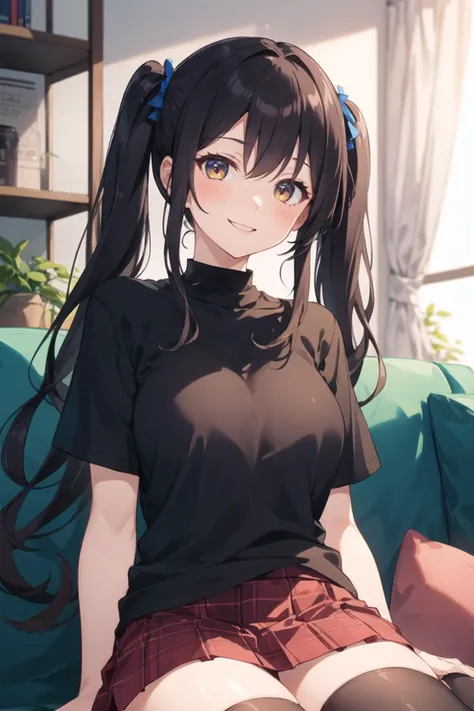 1girl, sitting on object, casual clothes, t-shirt, skirt, twintails, indoors, sofa, long hair, smile, closed mouth